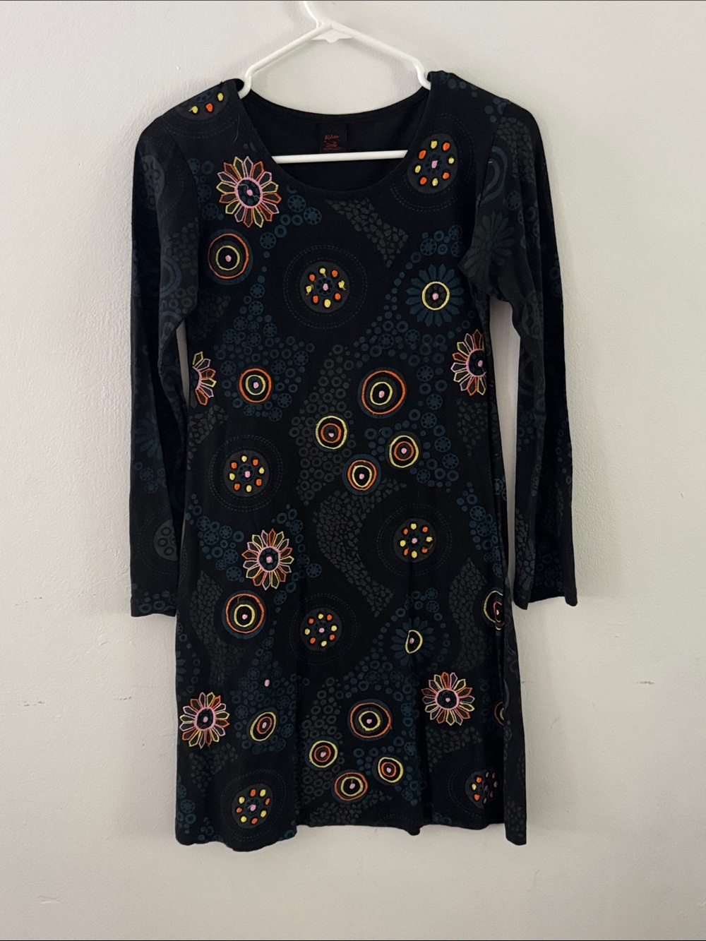 Aller Simplement Black Long-Sleeve Floral Circle Print Dress Sz S